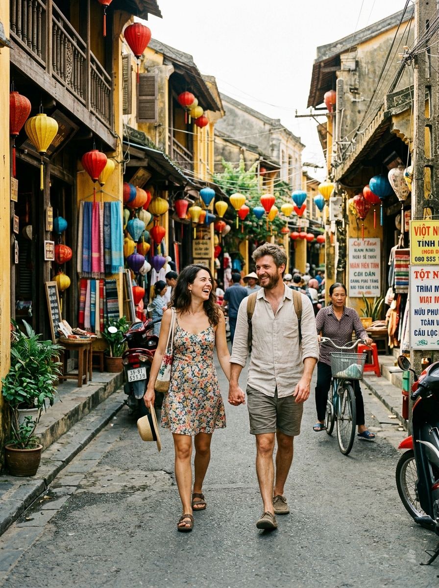 Couple walking in historic street